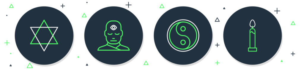 Set line Man with third eye, Yin Yang, Star of David and Burning candle icon. Vector