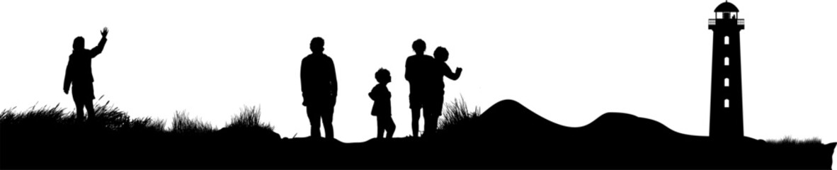 Vektor Silhouetten von Personen im Urlaub am Strand mit Leuchtturm
