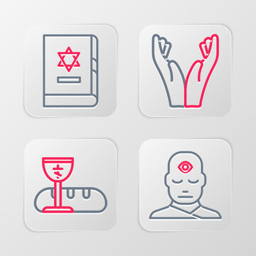 Set line Man with third eye, First communion symbols, Hands in praying position and Jewish torah book icon. Vector