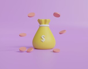 Money golden bag floating coins around on purple background. money-saving, cashless society concept. 3d render illustration