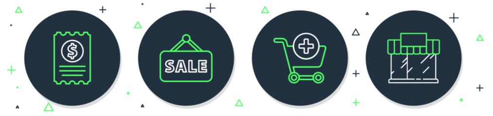 Set line Hanging sign with Sale, Add to Shopping cart, Paper check and financial check and building or market store icon. Vector