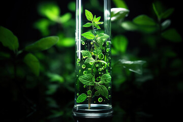 Close-up of herb or plant in a glass test tube in the biotech laboratory. Biotechnology