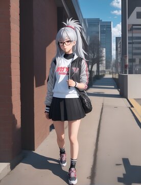 anime naughty school girl glasses wear baseball jacket and silver hair 08