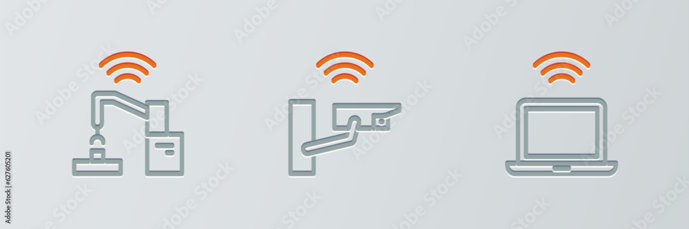 Aufkleber set line wireless laptop, robotic robot arm hand factory and smart security camera icon. vector