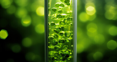 Close-up of aglae in a glass test tube in the biotech laboratory. Biotechnology