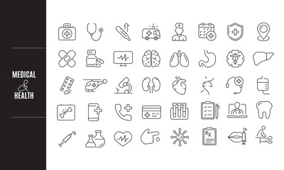 Medical icons for web and mobile app. Medicine and Health Care symbols. Emergency, medical equipment, RX, MRI, doctor, lab, virus, prescription