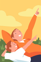 Obraz na płótnie Canvas Happy Father and His Son Watch Sky Walking and Spend Time Together Vector Illustration