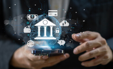 Human use smartphone with online banking digital technology, mobile banking, shopping, payment, finance, bank, withdraw money, account, transfer, credit card, financial and global business online.