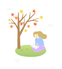 Obraz premium Illustration of a woman reading a book under an autumn maple tree