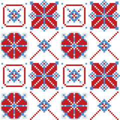 Cross-Stitch EmbroideriedSeamless Pattern with Ornate Element. Ethnic Motif, Handmade Stylization. Traditional Ukrainian Red and Blue Embroidery. Ethnic Design Element. Vector 3d Illustration