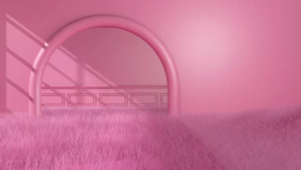 Fotobehang Fluor Roze Meadow in the room. 3D illustration, 3D rendering    © wichuda
