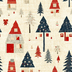 Rustic country christmas cottage with primitive hand sewing fabric effect. Cozy nostalgic shabby chic homespun americana winter handmade crafts style seamless pattern.