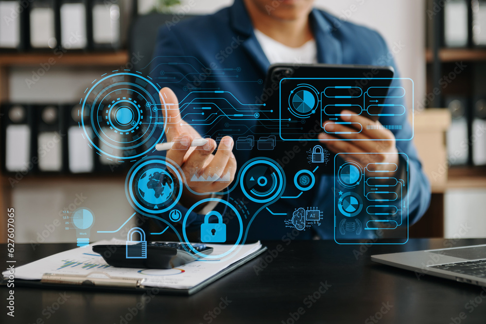 Poster cyber security and data protection information privacy internet technology concept.business working 