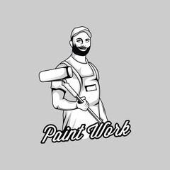 Paint Work Badge Emblem, Paint Worker Vintage Detailed Logo Vector Black and White