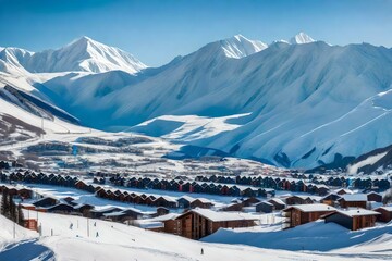 Ski resort panoramic view with snowy peaks and new village background in winter season