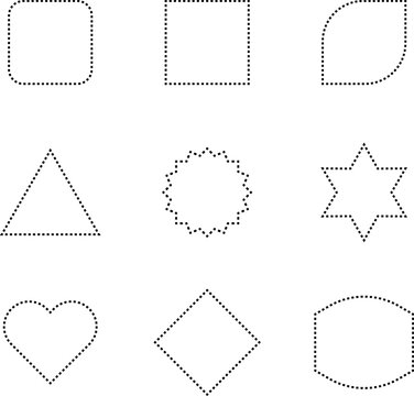 Dashed line basic geometric shapes. Dashed outline of circle, oval, square, triangle and star. Icon of cut frame. Vector illustration