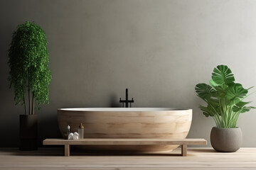 a bathroom background with a tub and plants on the wall, in the style of minimalist stage designs, green academia, ai generated.