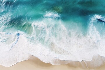a blue water wave in the beach, in the style of teal and beige, spectacular backdrops, ai generated.