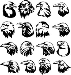 Hand drawn eagle and raven head emblem set. Mascot bird collection. Predator logo illustration isolated on white. Abstract animal illustration. Graphic logo designs templates.