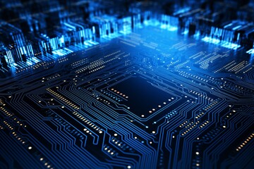 electronic circuit board on a blue background, in the style of sopheap pich, futuristic imagery, ai generated.
