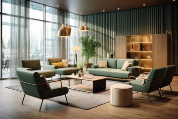 Fototapeta premium A small modern living room, cleverly designed for functionality and style, ai generated. 