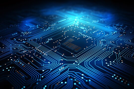 electronic circuit board on a blue background, in the style of sopheap pich, futuristic imagery, ai generated.
