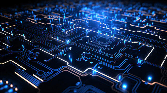 electronic circuit board on a blue background, in the style of sopheap pich, futuristic imagery, ai generated.
