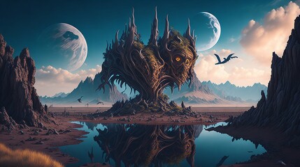 Barren landscape with red rocks and river