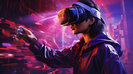 Fototapeta premium person using a virtual reality headset, in the style of futuristic, sci-fi elements, ai generated.