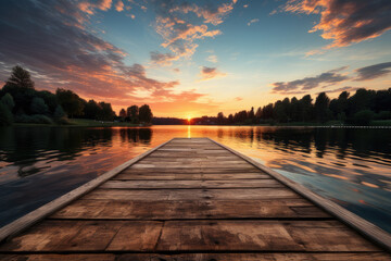 old wooden dock on lake at sunset stock photo, ai generated.