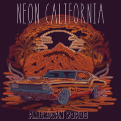 vector image of neon muscle car vintage print for t-shirt