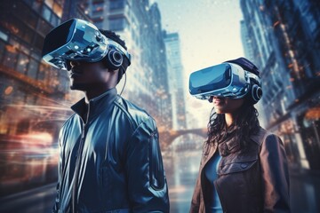 A boy and girl wearing VR headset user, surreal world and virtual reality, colorful flowers fields. Generative AI