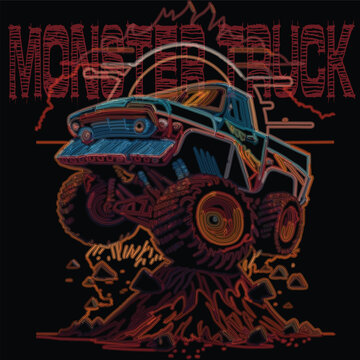 vector image of neon monster truck cartoon print for t-shirt