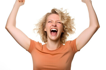 A Caucasian woman raising her arms in victory, a triumphant smile spreading across her face, isolated on perfect white background. Generative AI