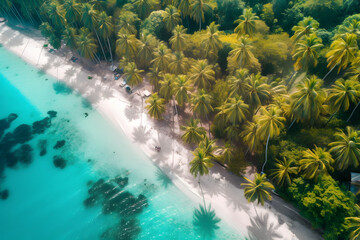 Aerial view of a tropical paradise, with white sandy beaches, lush palm trees, and crystal-clear turquoise waters, inspiring dreams of idyllic summer vacations. Generative AI