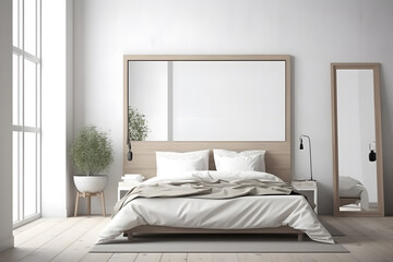 Contemporary bedroom with a spacious white wall and an empty frame mockup, inviting creativity and customization. Generative AI