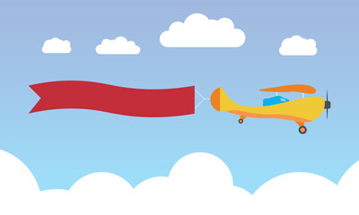 Cartoon Plane banner in flat style. Airplane advertisement vector illustration with copy text.