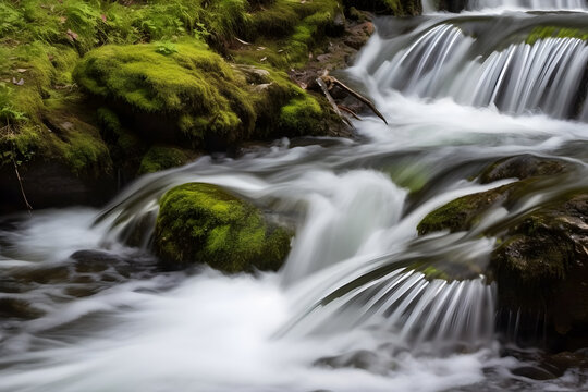 Flowing river or waterfall, smooth and cascading motion of the water. Generative AI