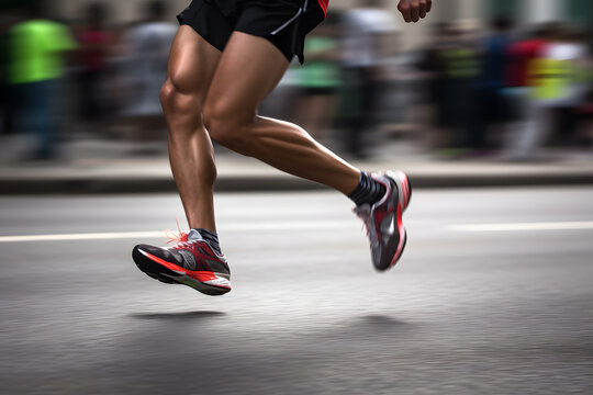 Panning or motion blur shot of a runner in a marathon. Speed and determination. Generative AI