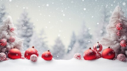 red christmas baubles on snow