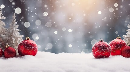 Fototapeta na wymiar red christmas balls on snow with copy space