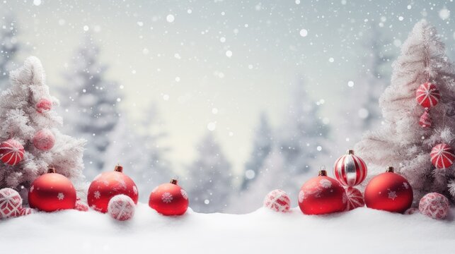 red christmas baubles on snow