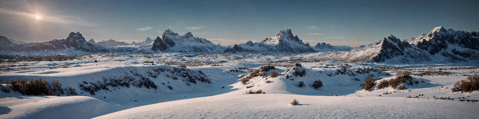 Fototapeta premium Winter landscape, with high cliffs. Rocks. Snow cliffs. Wide format, large image. 4К.
