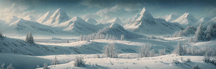 Winter landscape, with high cliffs. Rocks. Snow cliffs. Wide format, large image. 4К.