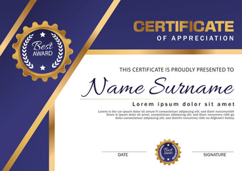 Elegant blue and gold diploma certificate template