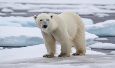 Fototapeta na wymiar The white bear stands regally on the Arctic glacier