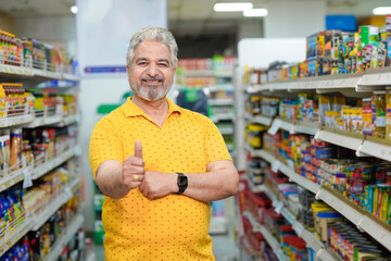 Senior indian man showing thumps up at grocery shop.