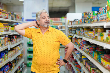 Senior indian man giving expression while purchasing at grocery shop.