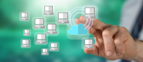 Man touching a cloud computing concept