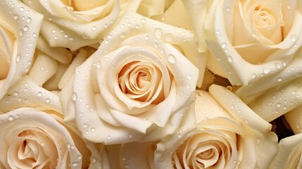 Creamy Roses flowers with water drops background. Closeup of blossom with glistening droplets. Generative AI